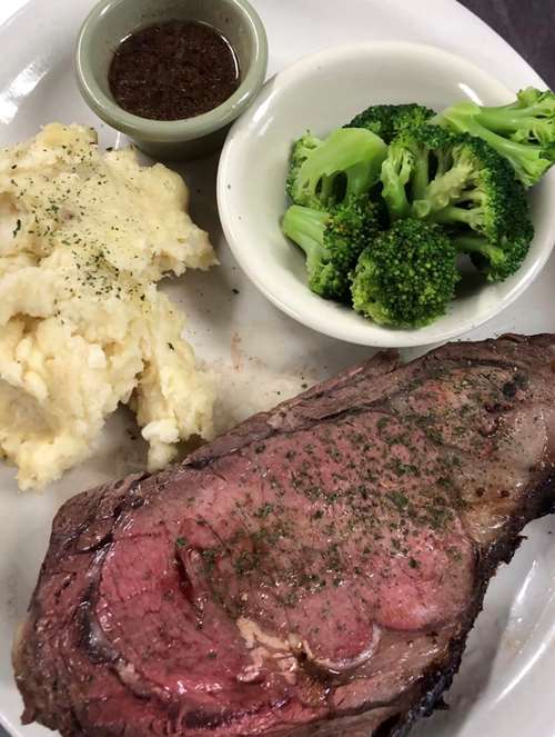 prime rib dinner with mashed potatoes